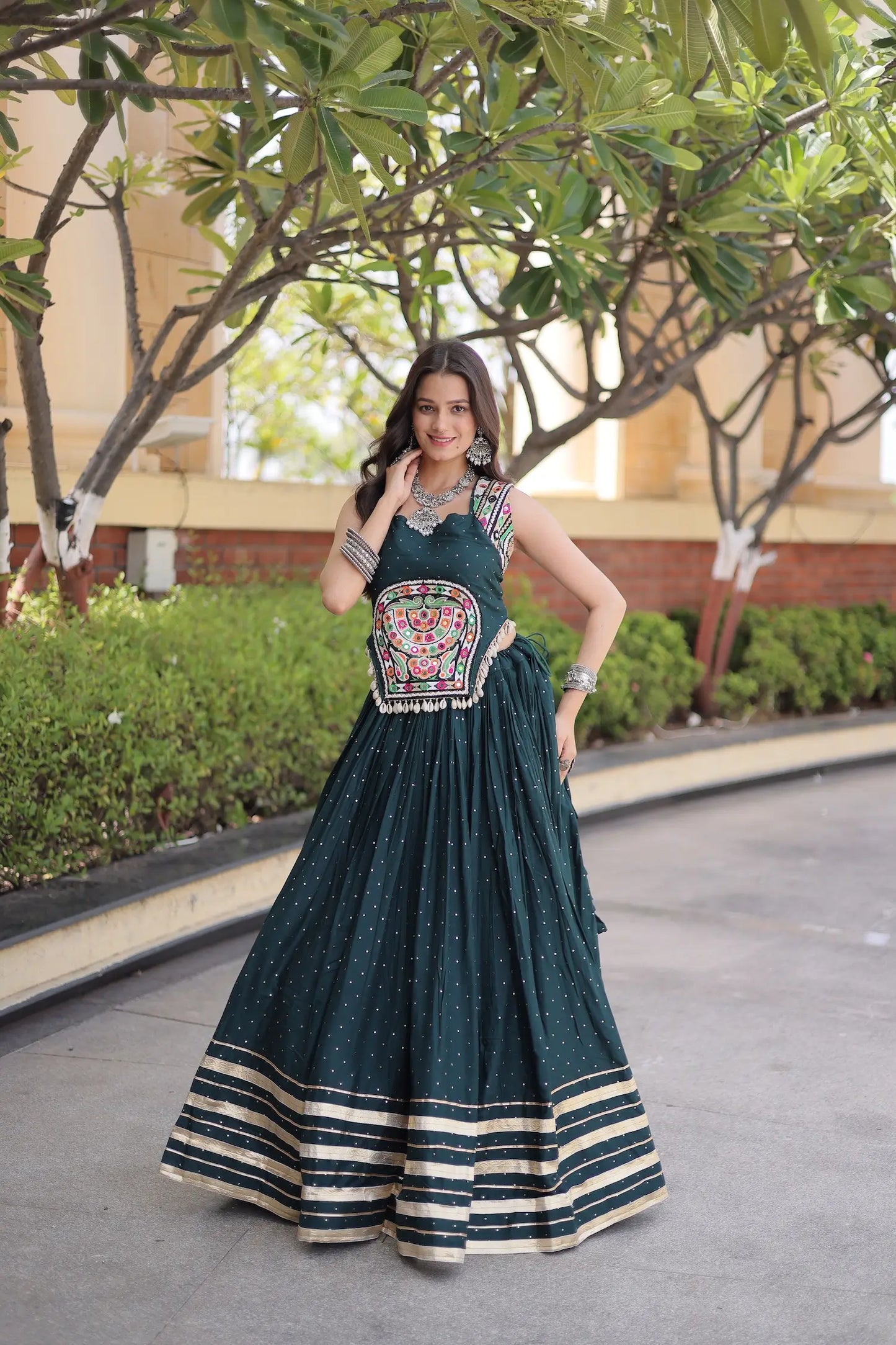 Green Garba Chaniya Choli With Lace & Gamthi Work
