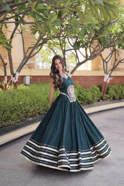Green Garba Chaniya Choli With Lace & Gamthi Work