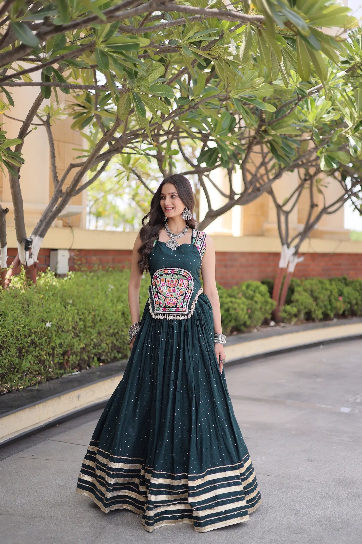 Green Garba Chaniya Choli With Lace & Gamthi Work