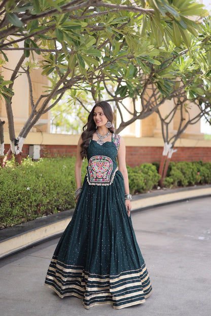 Green Garba Chaniya Choli With Lace & Gamthi Work