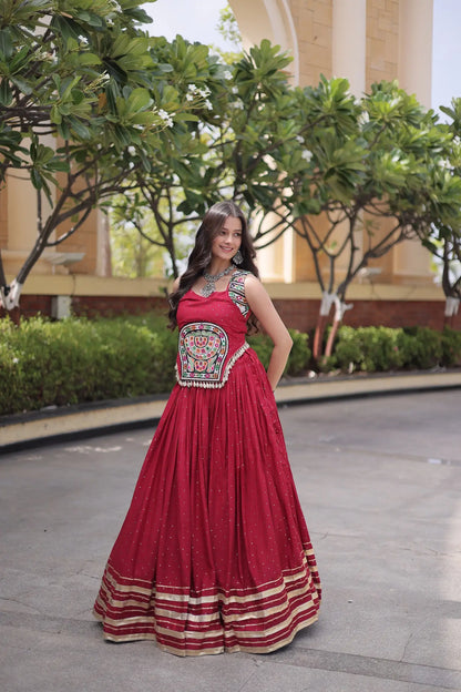 Maroon Garba Chaniya Choli With Lace & Gamthi Work