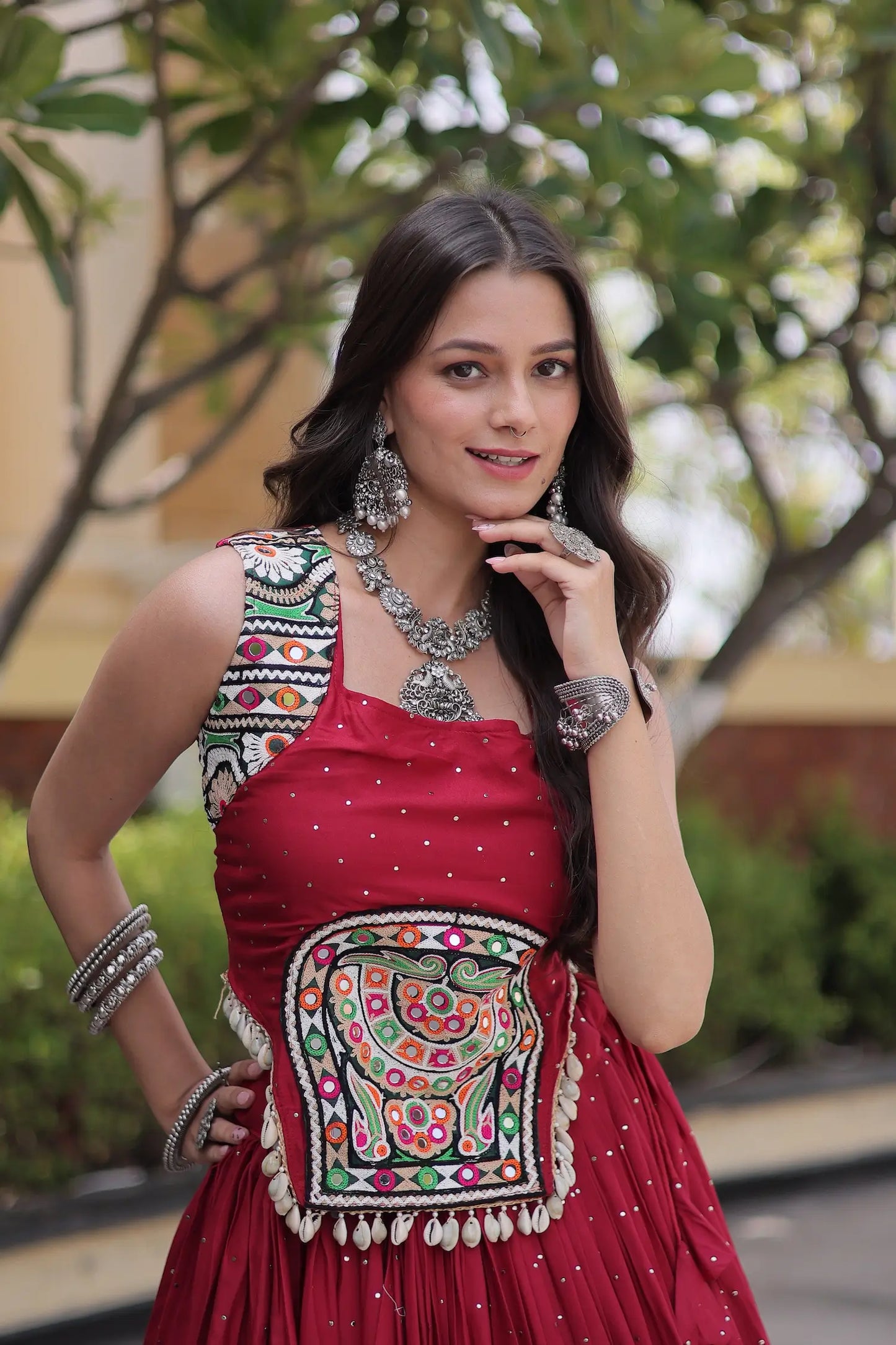 Maroon Garba Chaniya Choli With Lace & Gamthi Work