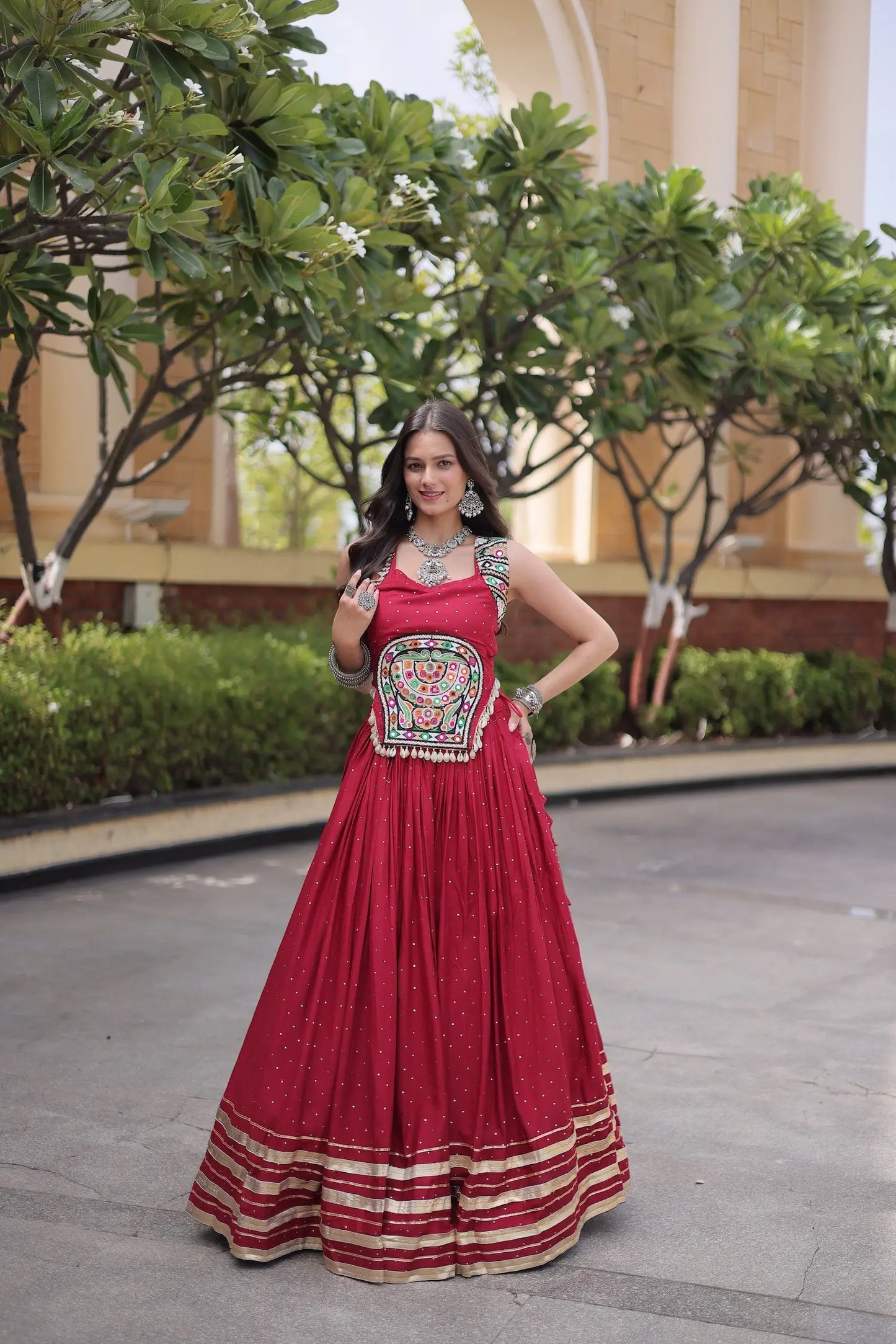 Maroon Garba Chaniya Choli With Lace & Gamthi Work