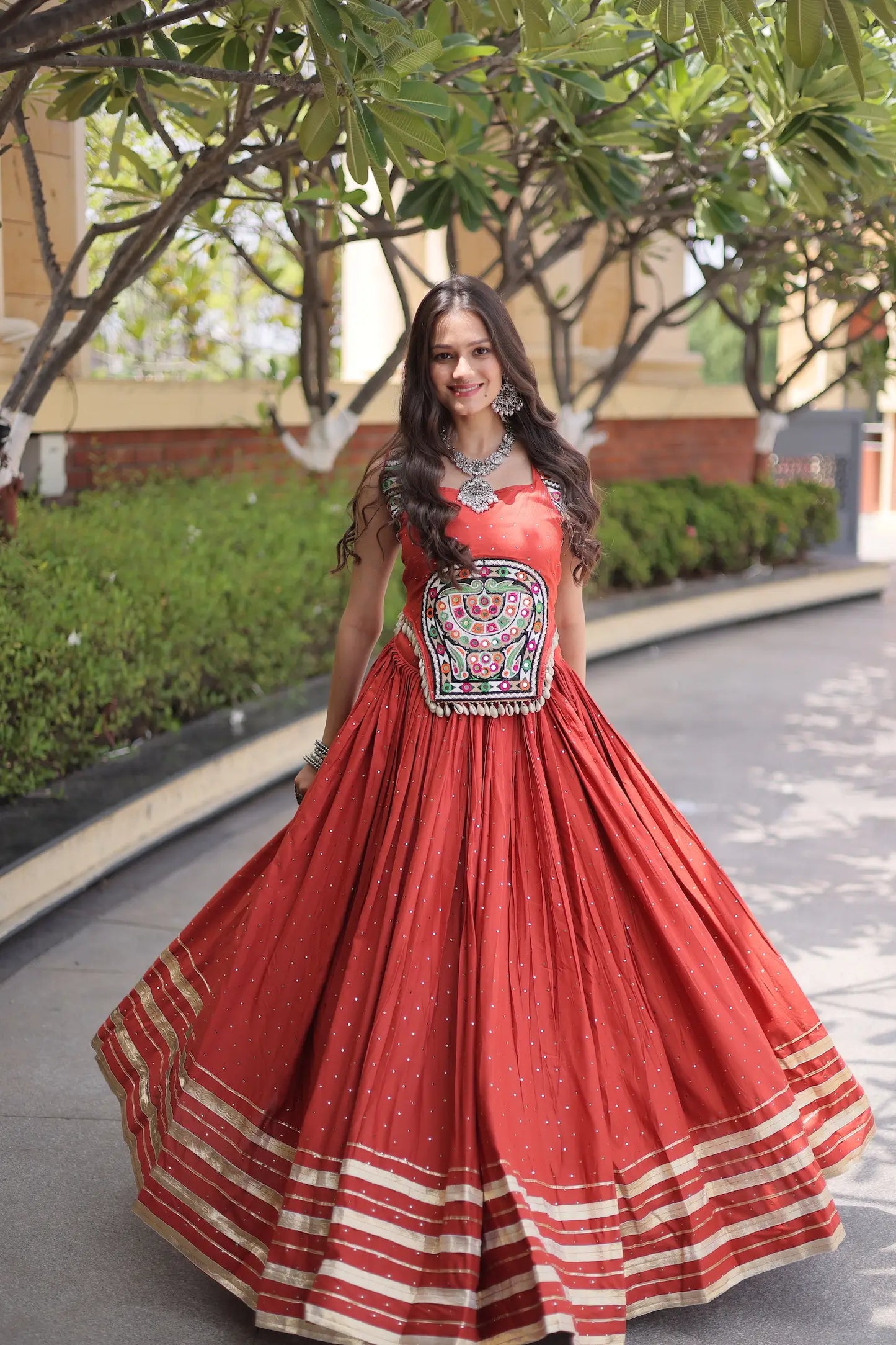 Rust Orange Garba Chaniya Choli With Lace & Gamthi Work