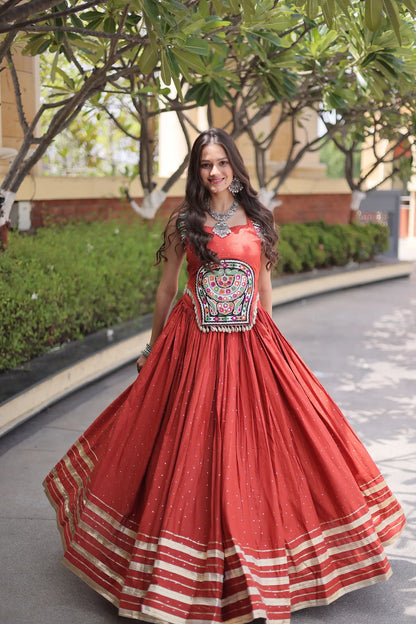 Rust Orange Garba Chaniya Choli With Lace & Gamthi Work
