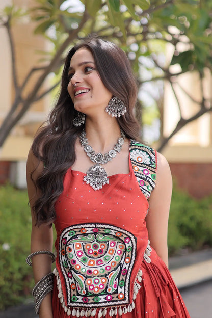 Rust Orange Garba Chaniya Choli With Lace & Gamthi Work
