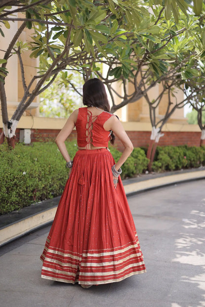 Rust Orange Garba Chaniya Choli With Lace & Gamthi Work