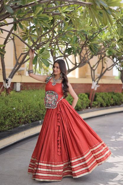 Rust Orange Garba Chaniya Choli With Lace & Gamthi Work