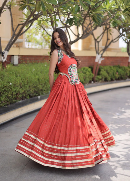 Rust Orange Garba Chaniya Choli With Lace & Gamthi Work