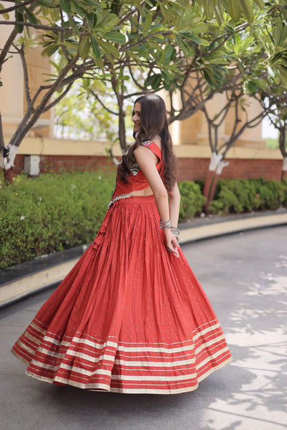 Rust Orange Garba Chaniya Choli With Lace & Gamthi Work
