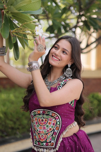 Wine Garba Chaniya Choli With Lace & Gamthi Work