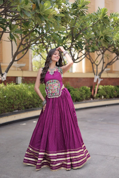 Wine Garba Chaniya Choli With Lace & Gamthi Work