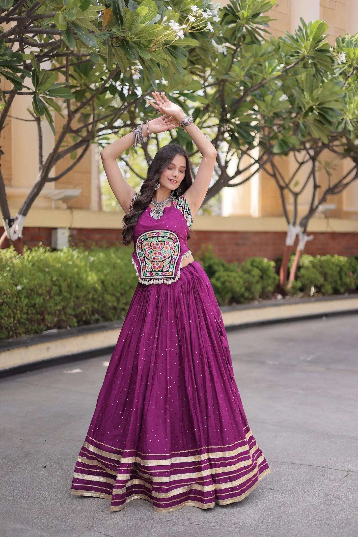 Wine Garba Chaniya Choli With Lace & Gamthi Work