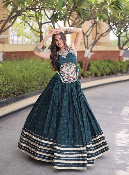 Green Garba Chaniya Choli With Lace & Gamthi Work