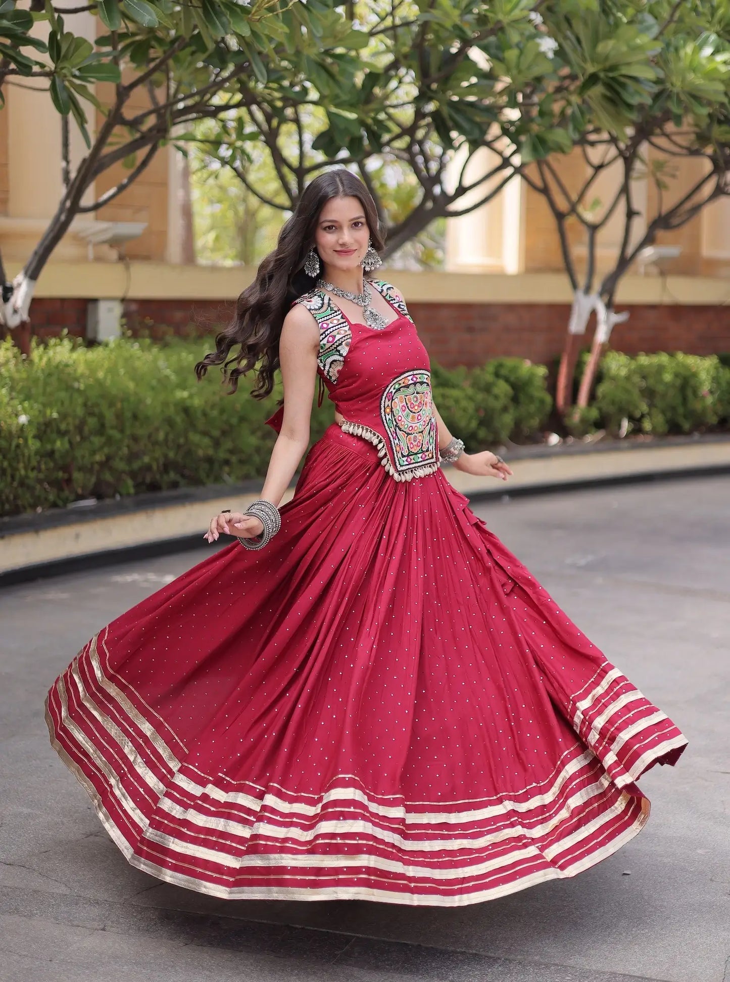 Maroon Garba Chaniya Choli With Lace & Gamthi Work