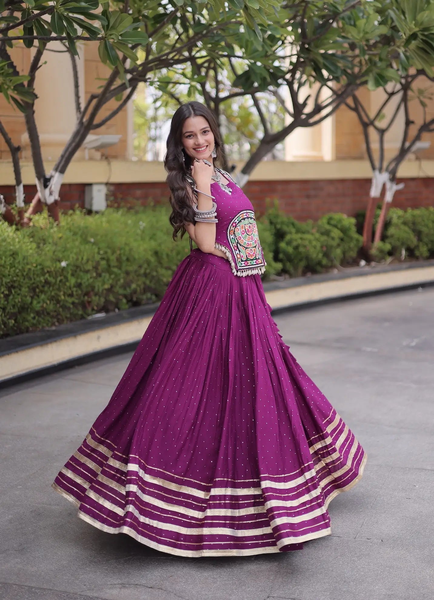 Wine Garba Chaniya Choli With Lace & Gamthi Work