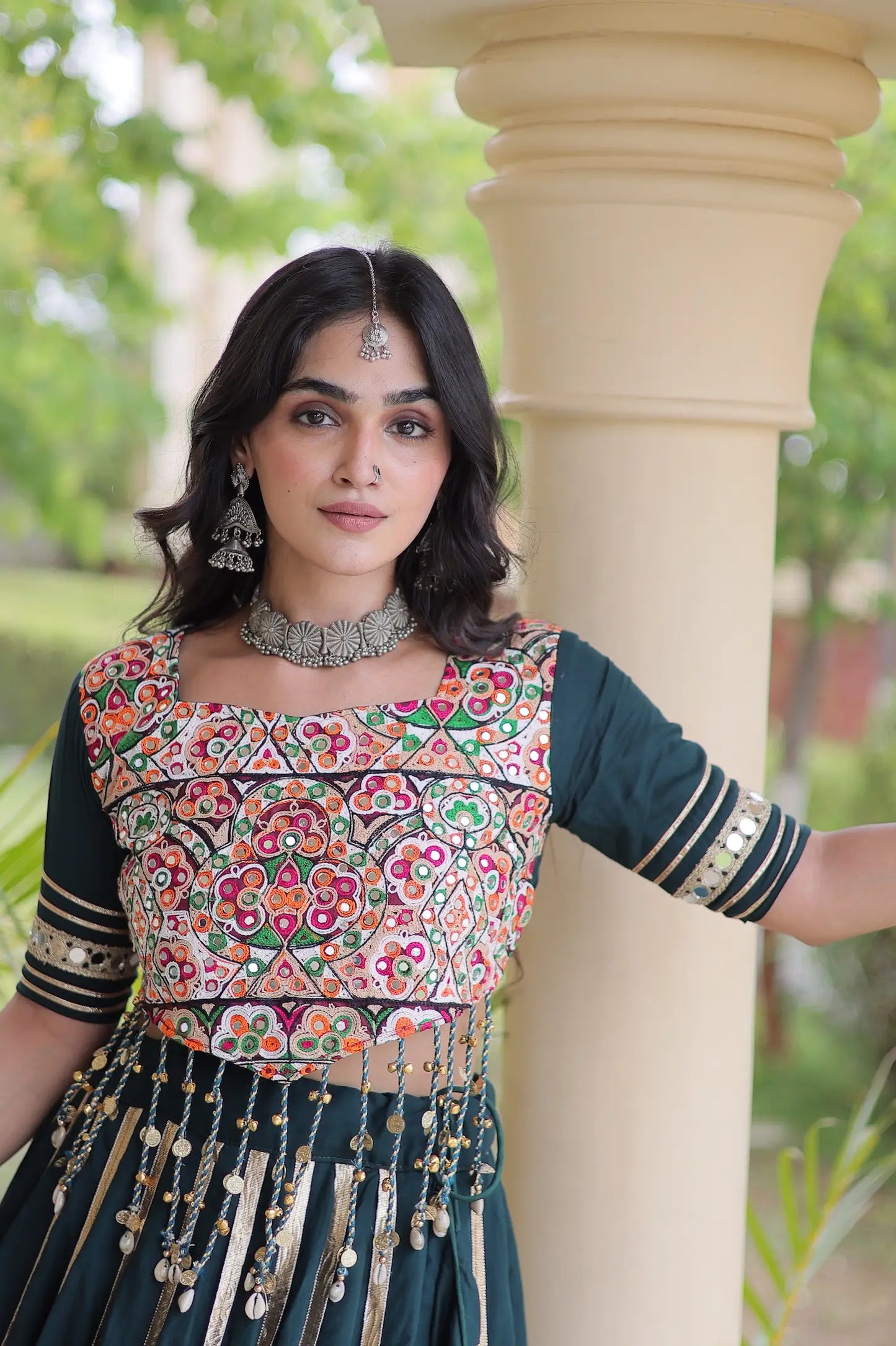 Green Navratri Lehenga With Gamthi Work Blouse