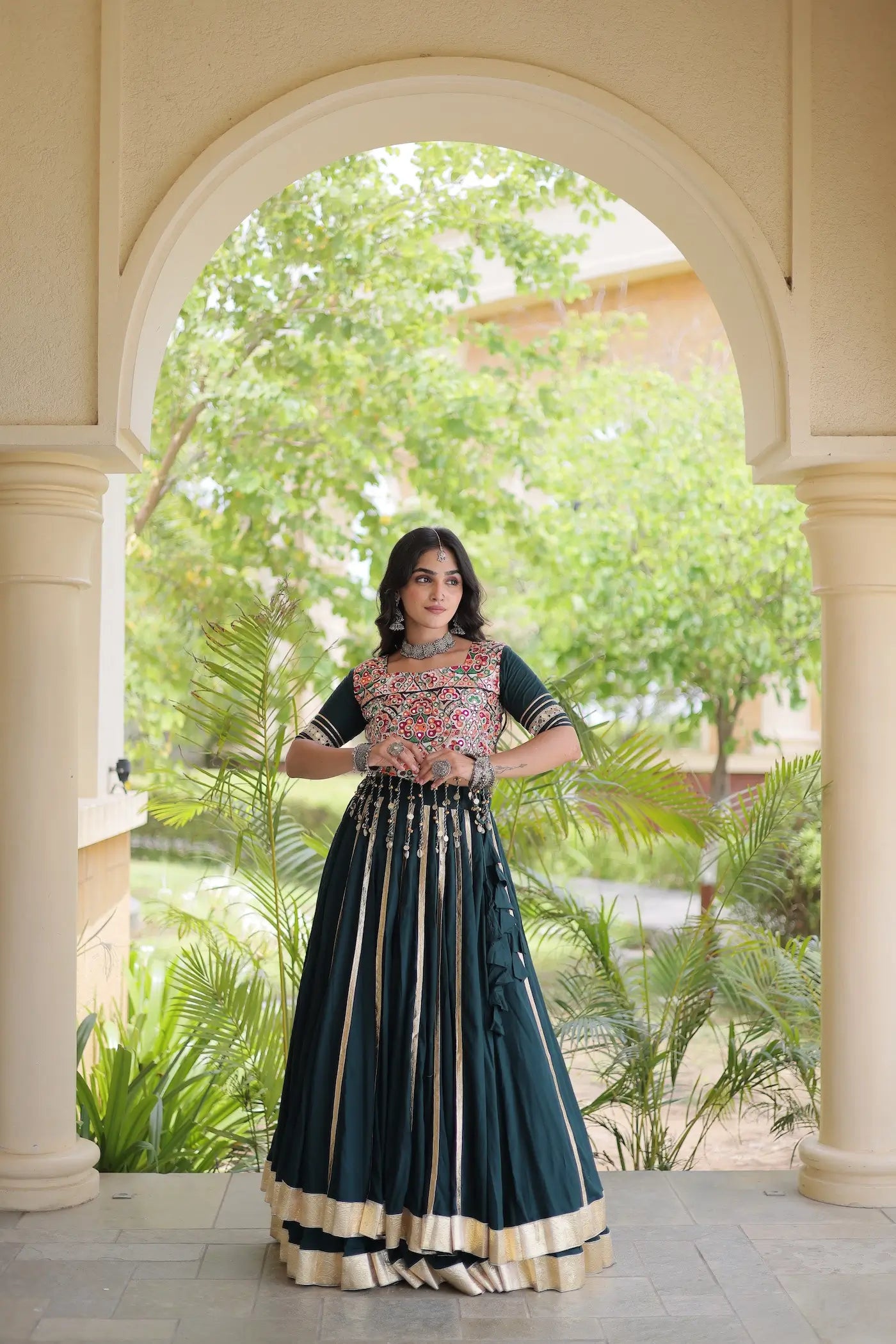 Green Navratri Lehenga With Gamthi Work Blouse