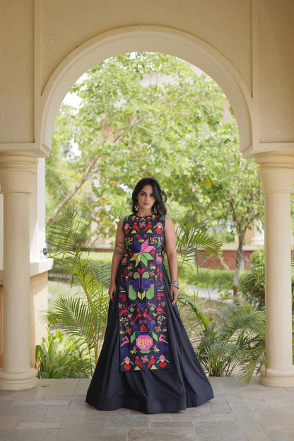 Black Cotton Navratri Lehenga With Embroidered Blouse