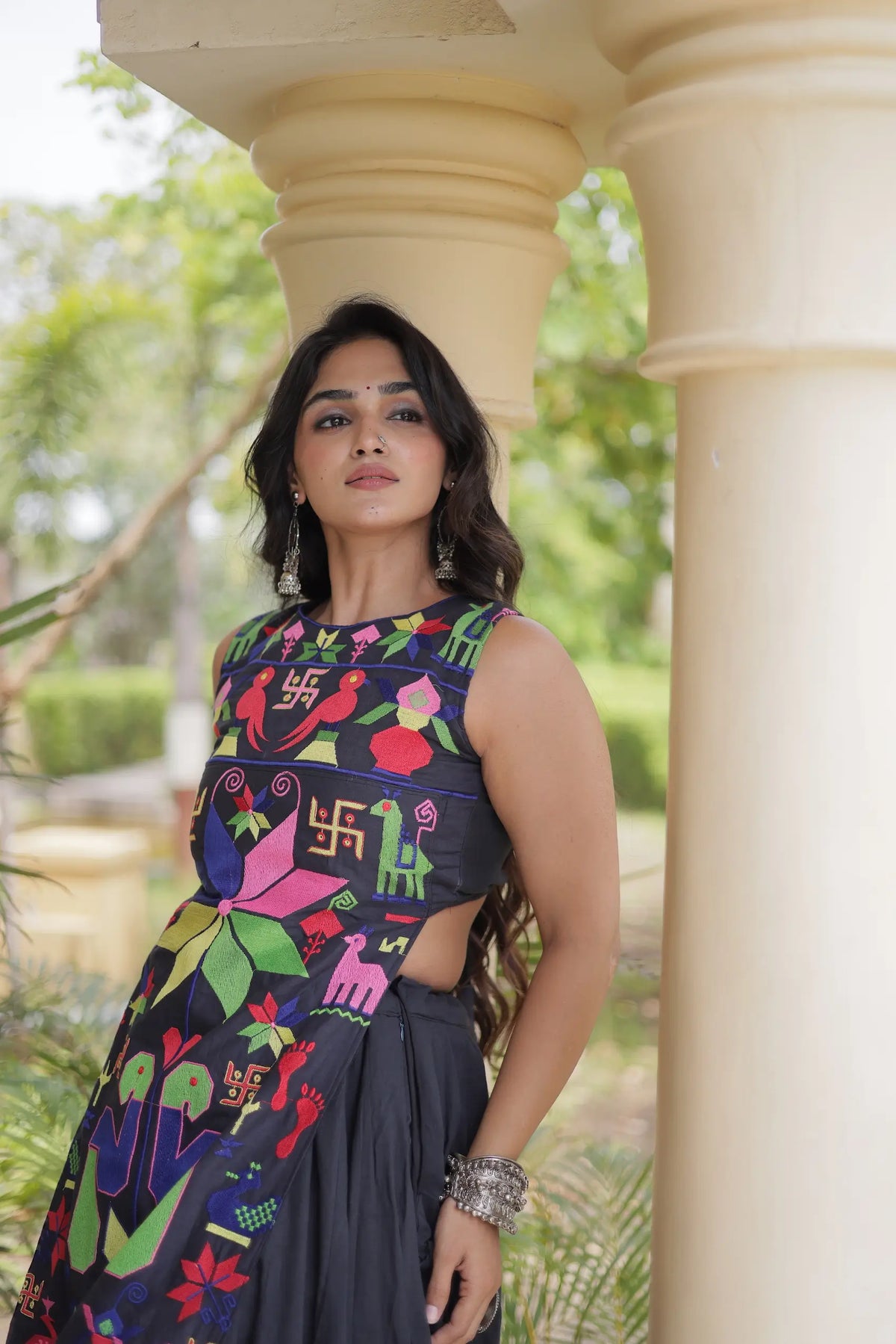 Black Cotton Navratri Lehenga With Embroidered Blouse