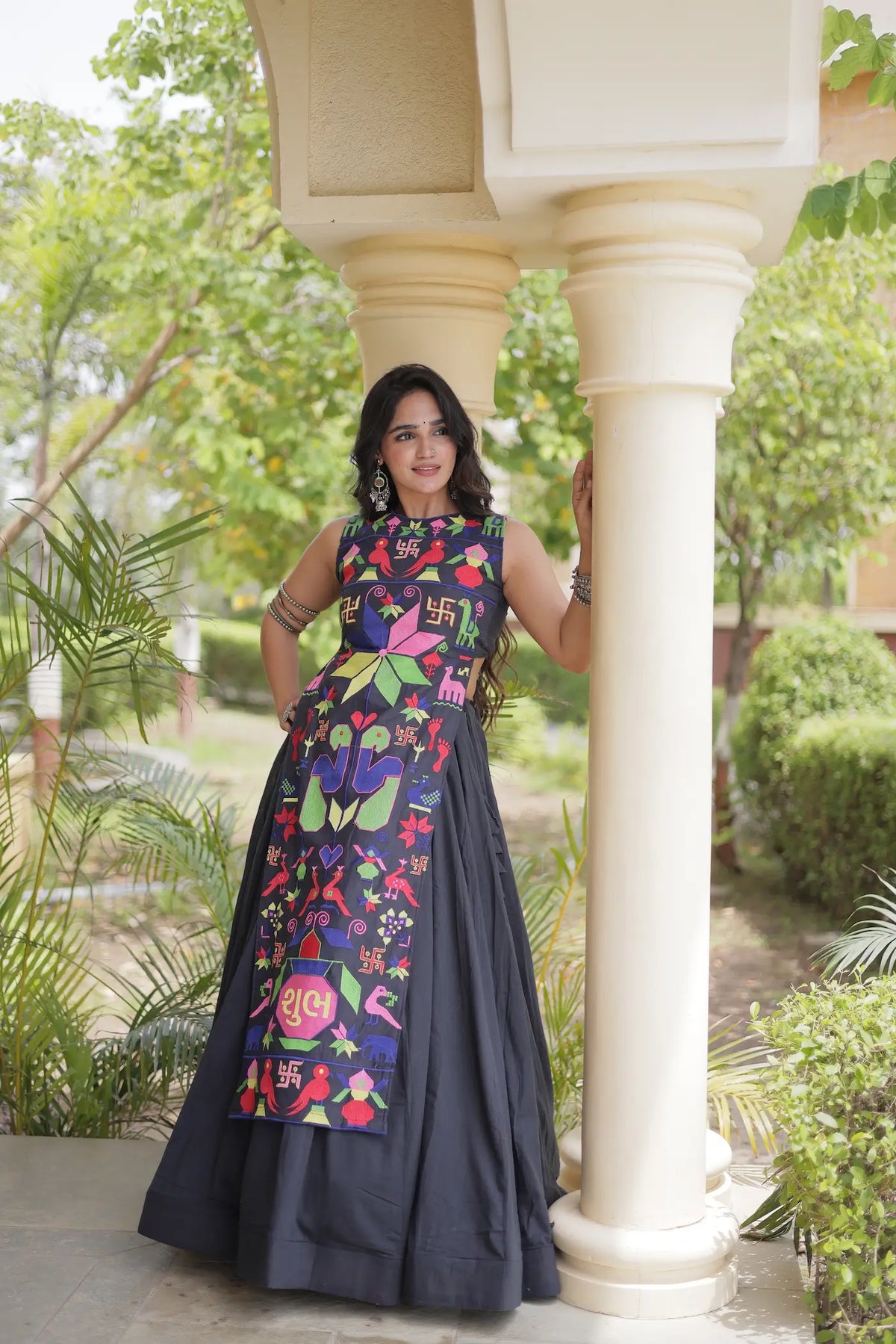 Black Cotton Navratri Lehenga With Embroidered Blouse