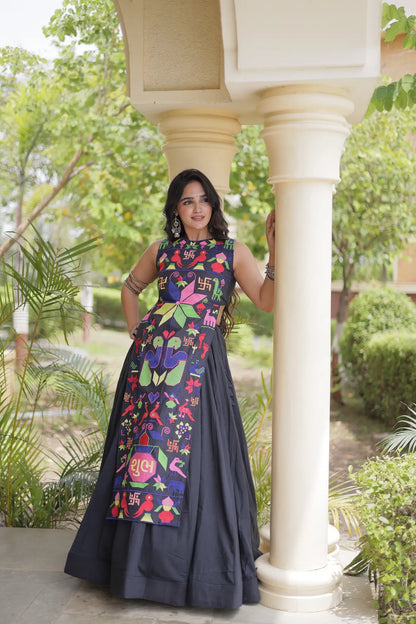 Black Cotton Navratri Lehenga With Embroidered Blouse