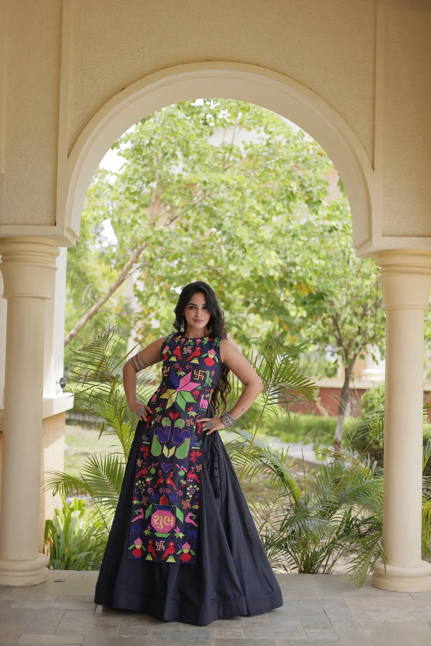 Black Cotton Navratri Lehenga With Embroidered Blouse