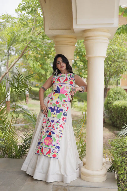White Cotton Navratri Lehenga With Embroidered Blouse