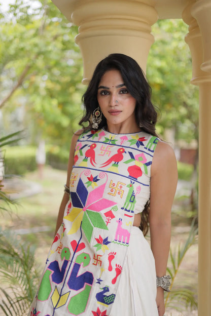 White Cotton Navratri Lehenga With Embroidered Blouse