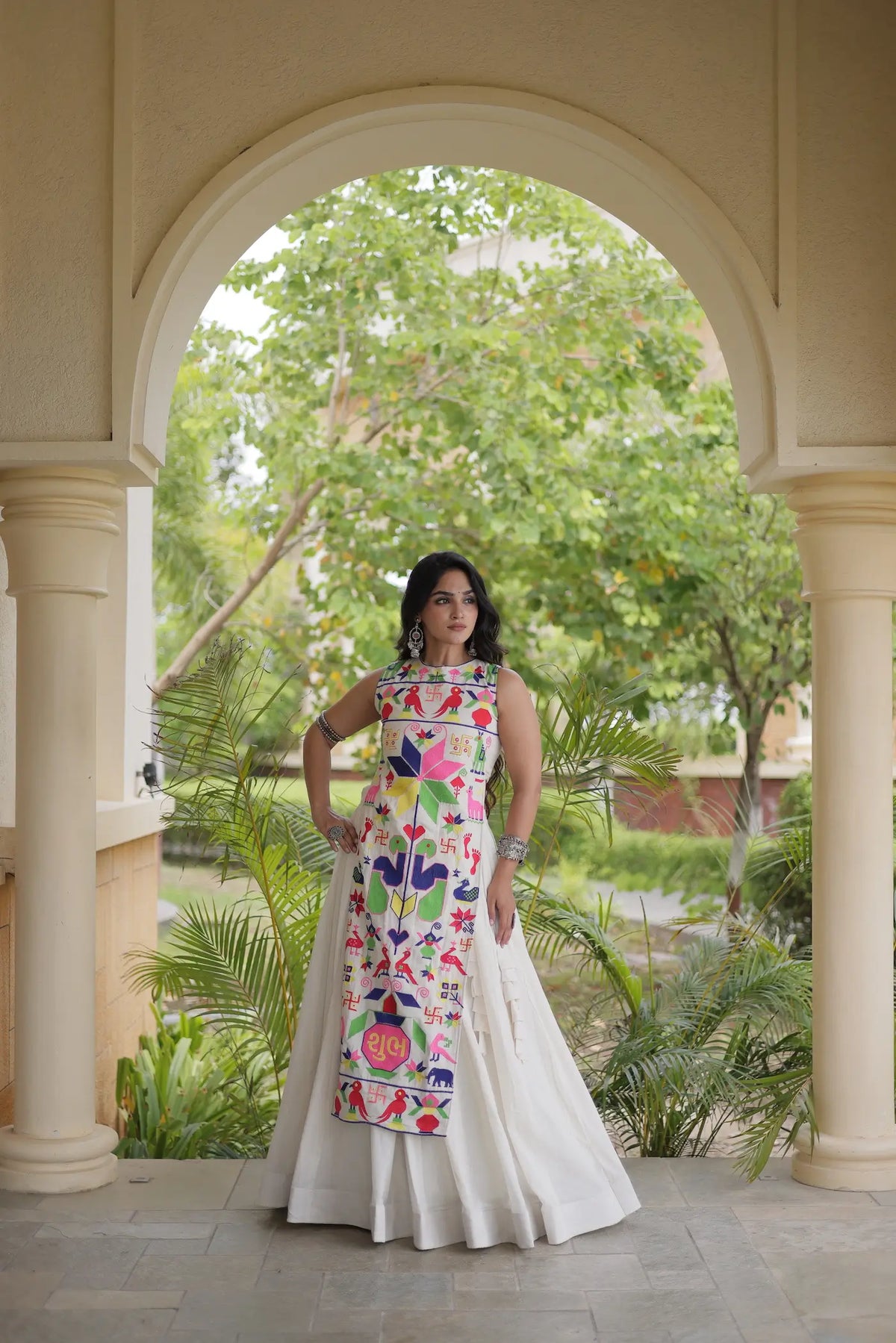 White Cotton Navratri Lehenga With Embroidered Blouse