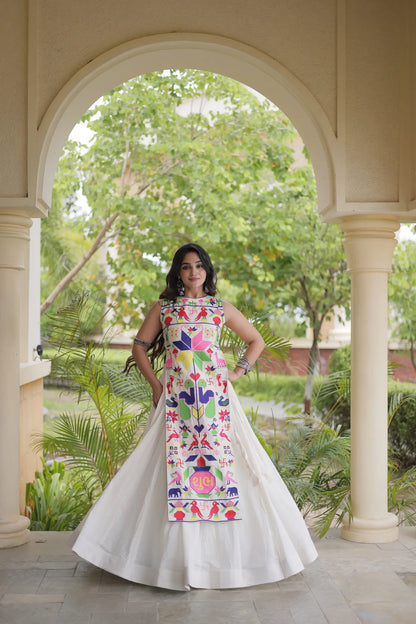 White Cotton Navratri Lehenga With Embroidered Blouse