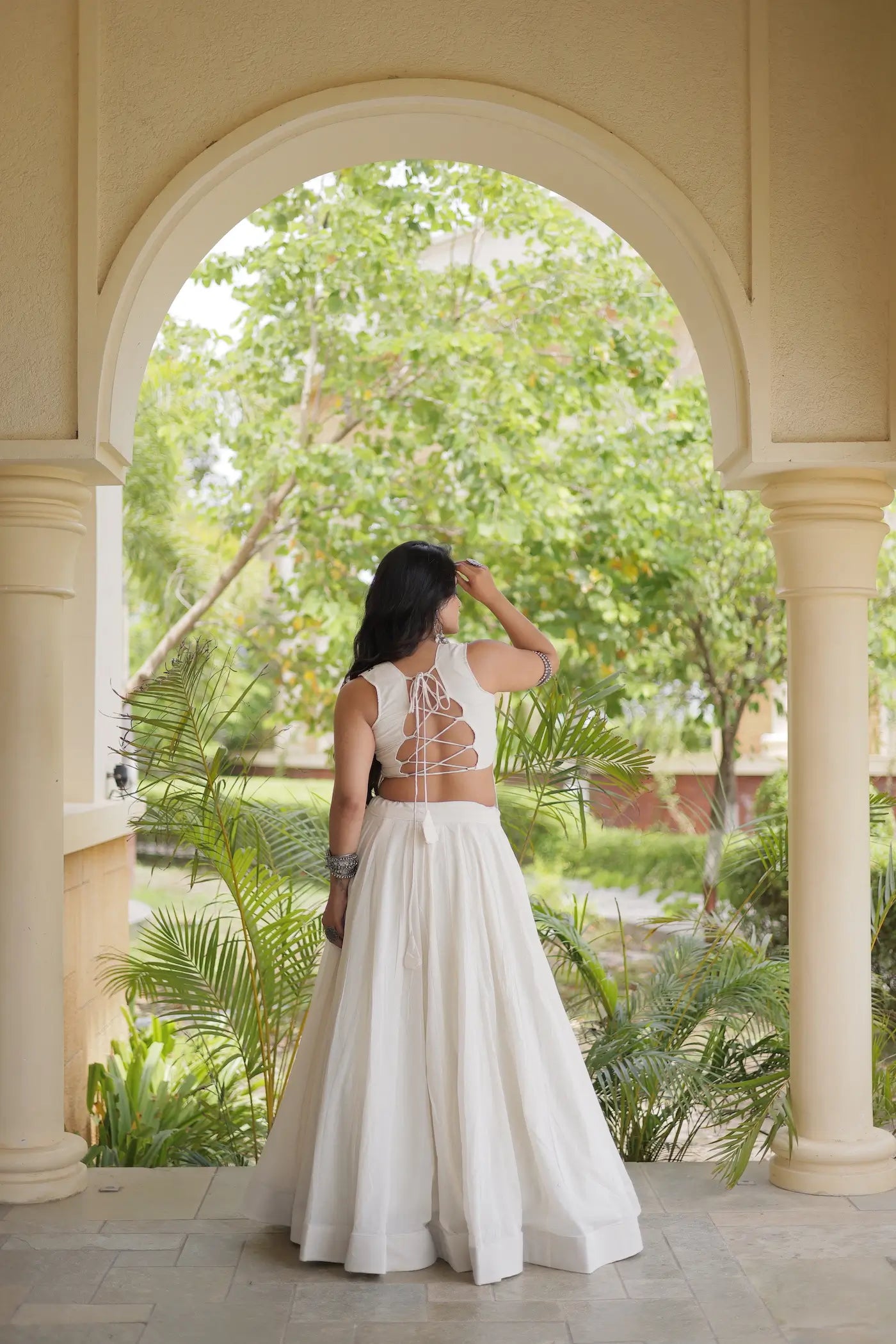 White Cotton Navratri Lehenga With Embroidered Blouse
