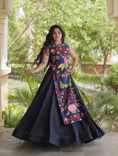 Black Cotton Navratri Lehenga With Embroidered Blouse