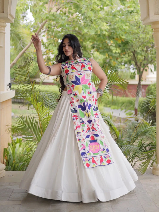 White Cotton Navratri Lehenga With Embroidered Blouse