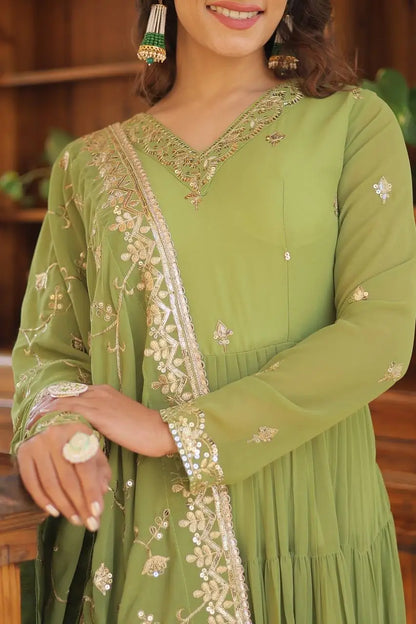 Pista Green Georgette Embroidered Anarkali Gown with Dupatta
