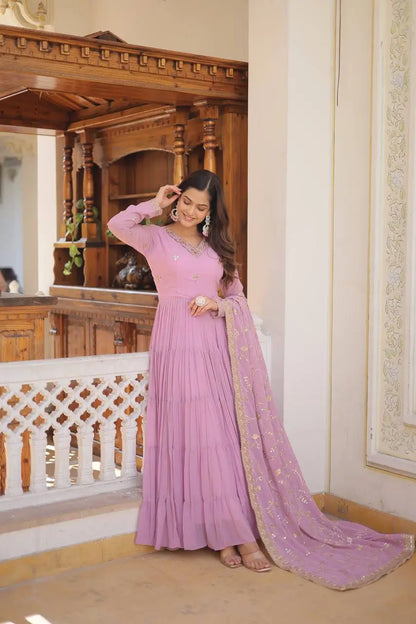 Pista Pink Georgette Embroidered Anarkali Gown with Dupatta