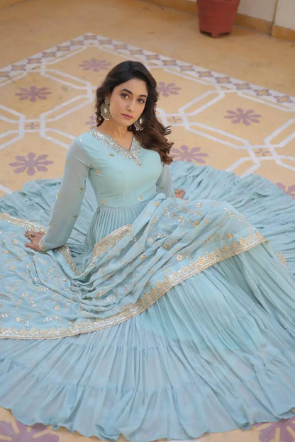 Pista Sky Georgette Embroidered Anarkali Gown with Dupatta