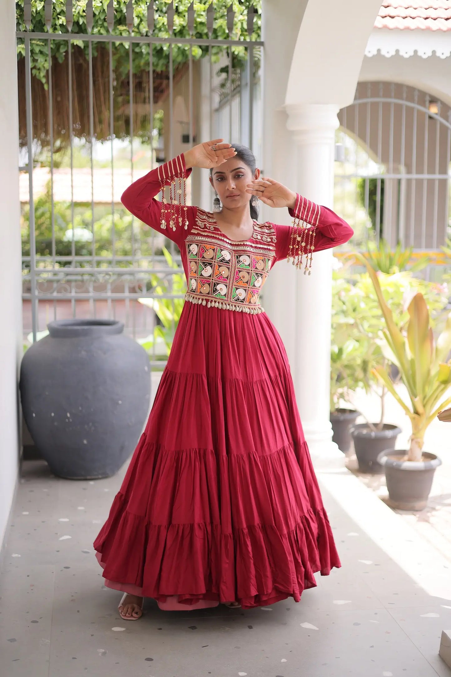 Maroon Gamthi Work Navratri Gown