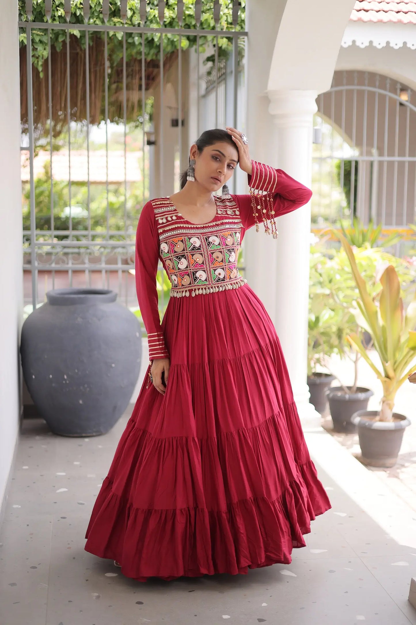 Maroon Gamthi Work Navratri Gown