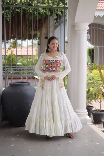 White Gamthi Work Navratri Gown