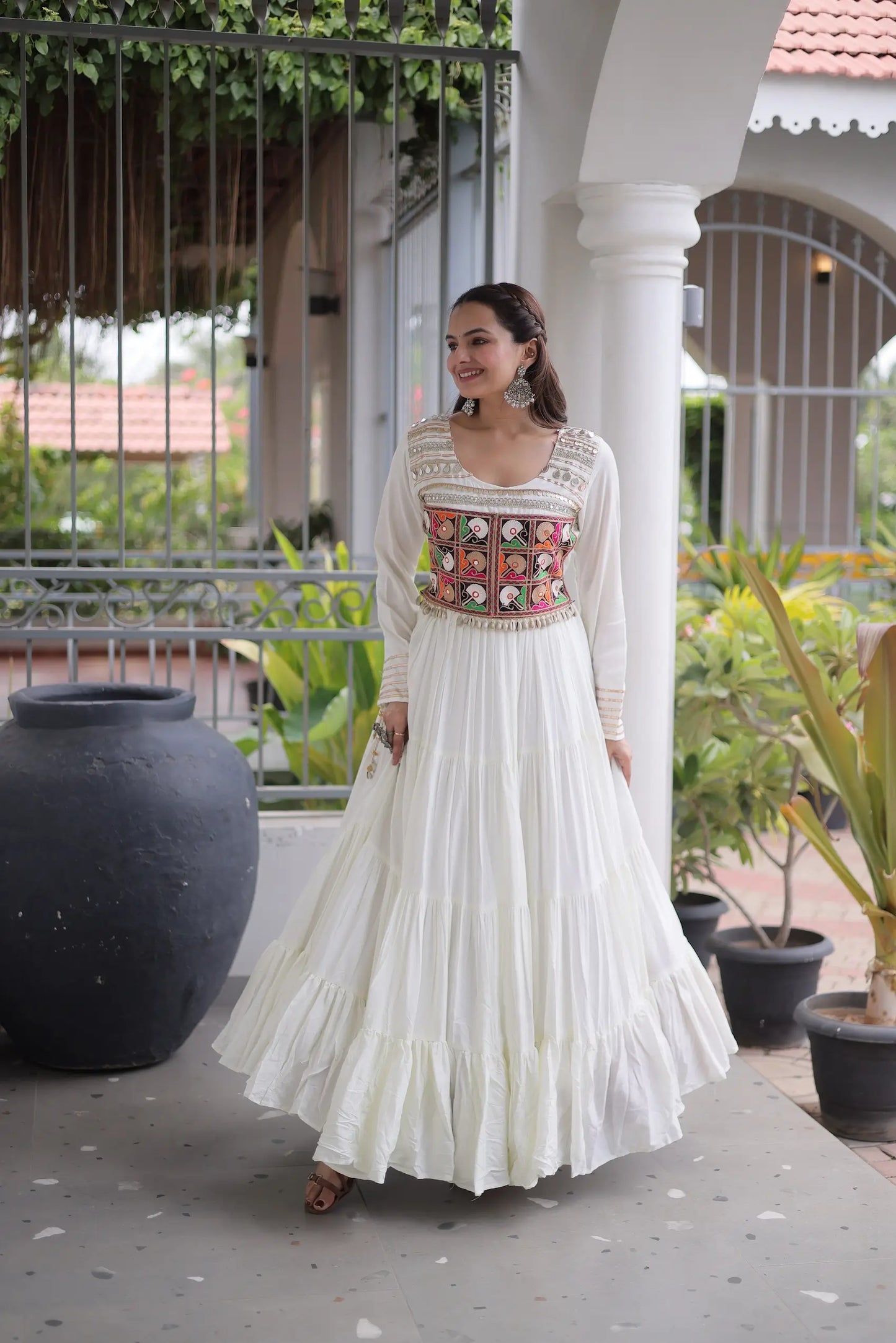 White Gamthi Work Navratri Gown