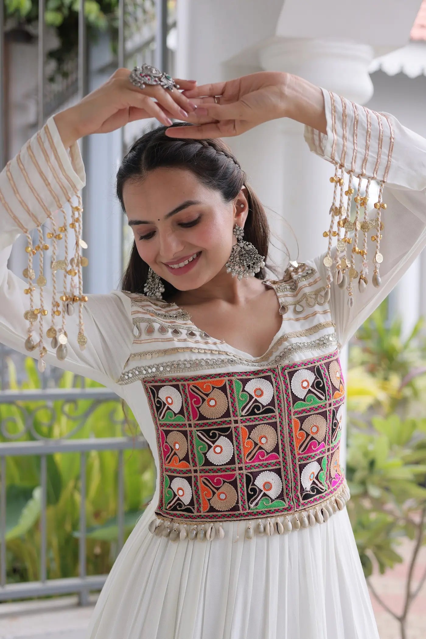 White Gamthi Work Navratri Gown