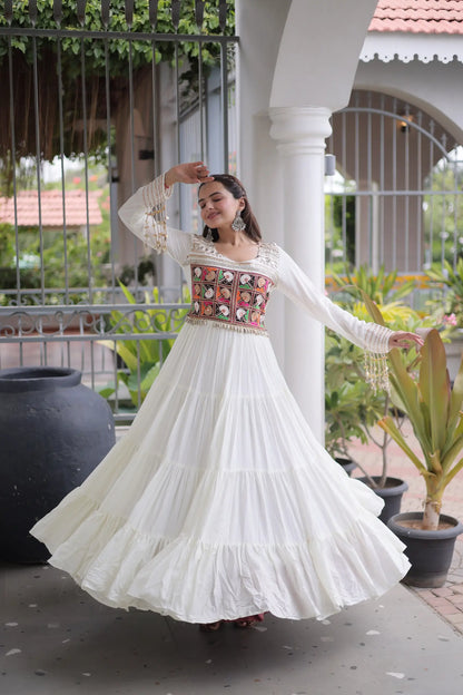 White Gamthi Work Navratri Gown