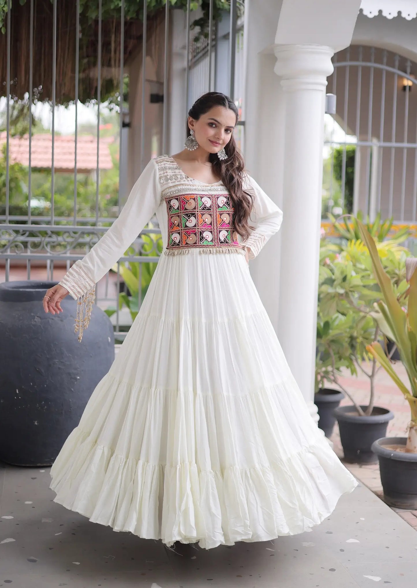 White Gamthi Work Navratri Gown