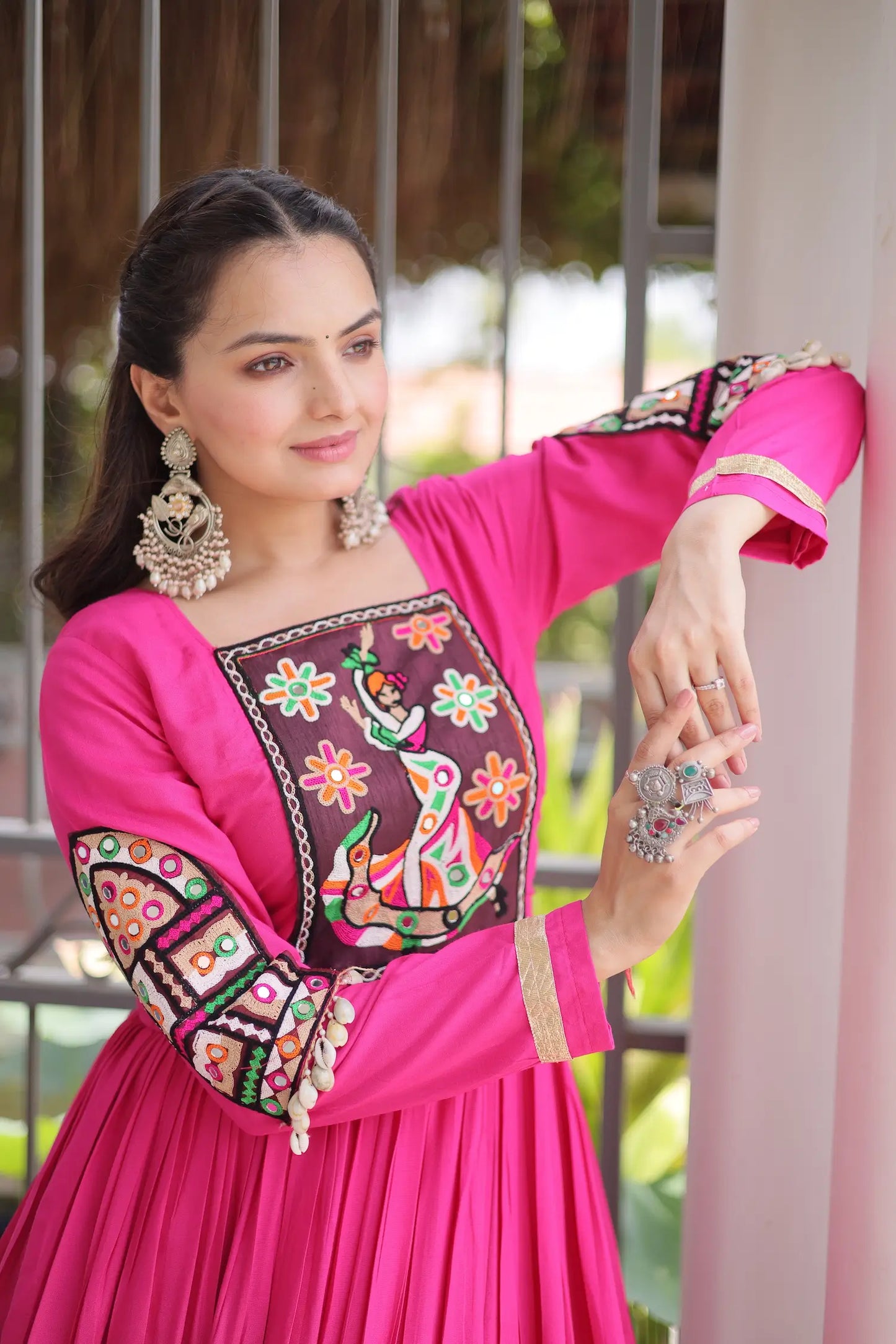 Rani Pink Navratri Gown With Gamthi Patch Work
