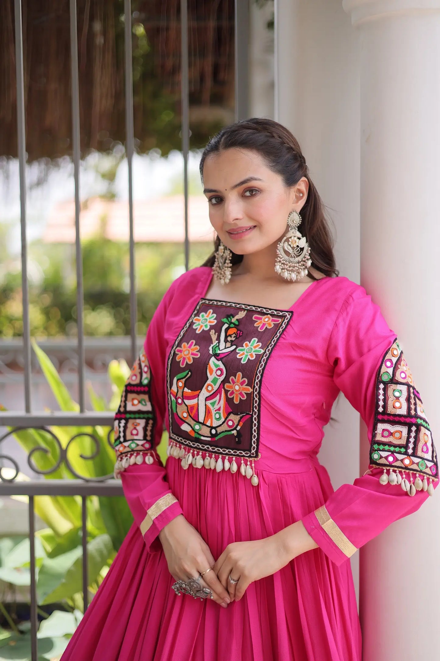 Rani Pink Navratri Gown With Gamthi Patch Work