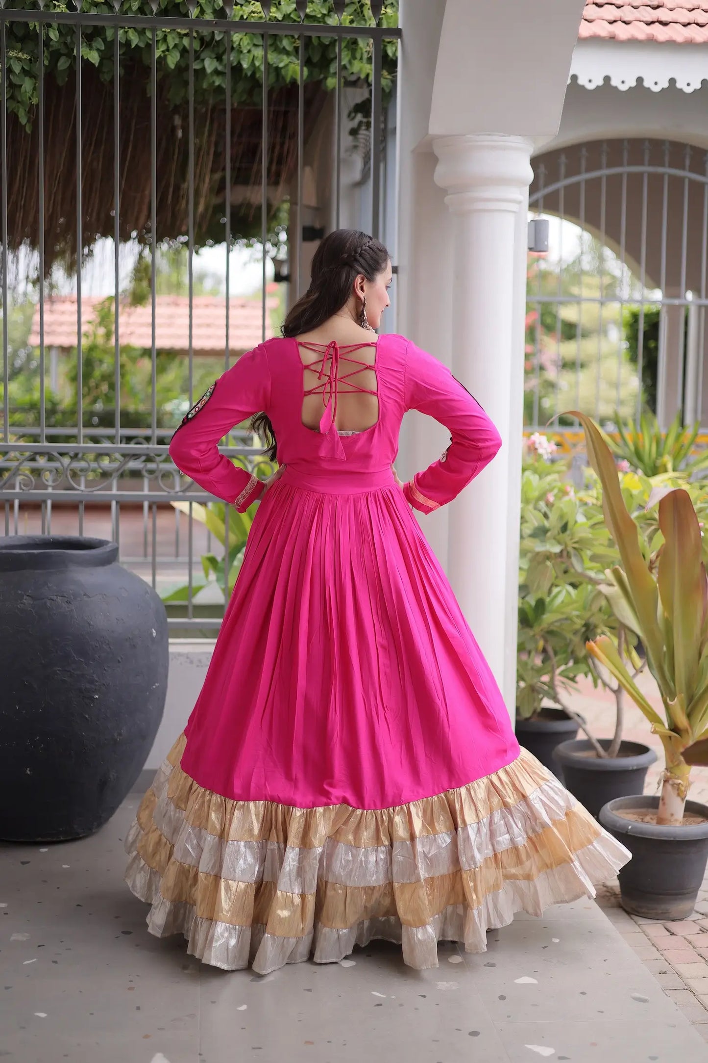Rani Pink Navratri Gown With Gamthi Patch Work