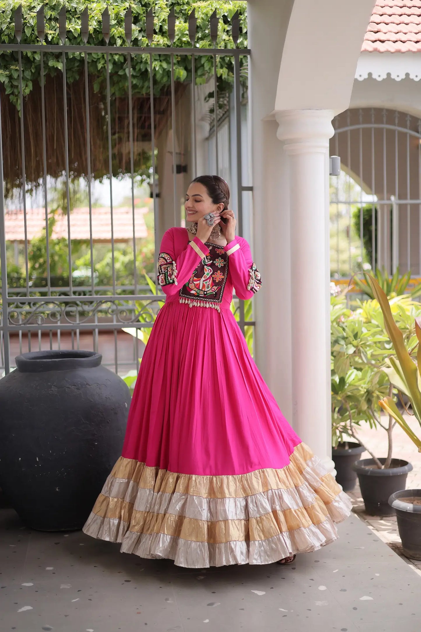 Rani Pink Navratri Gown With Gamthi Patch Work