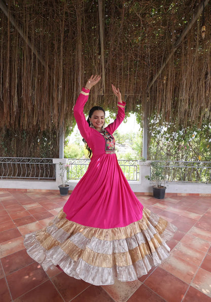 Rani Pink Navratri Gown With Gamthi Patch Work