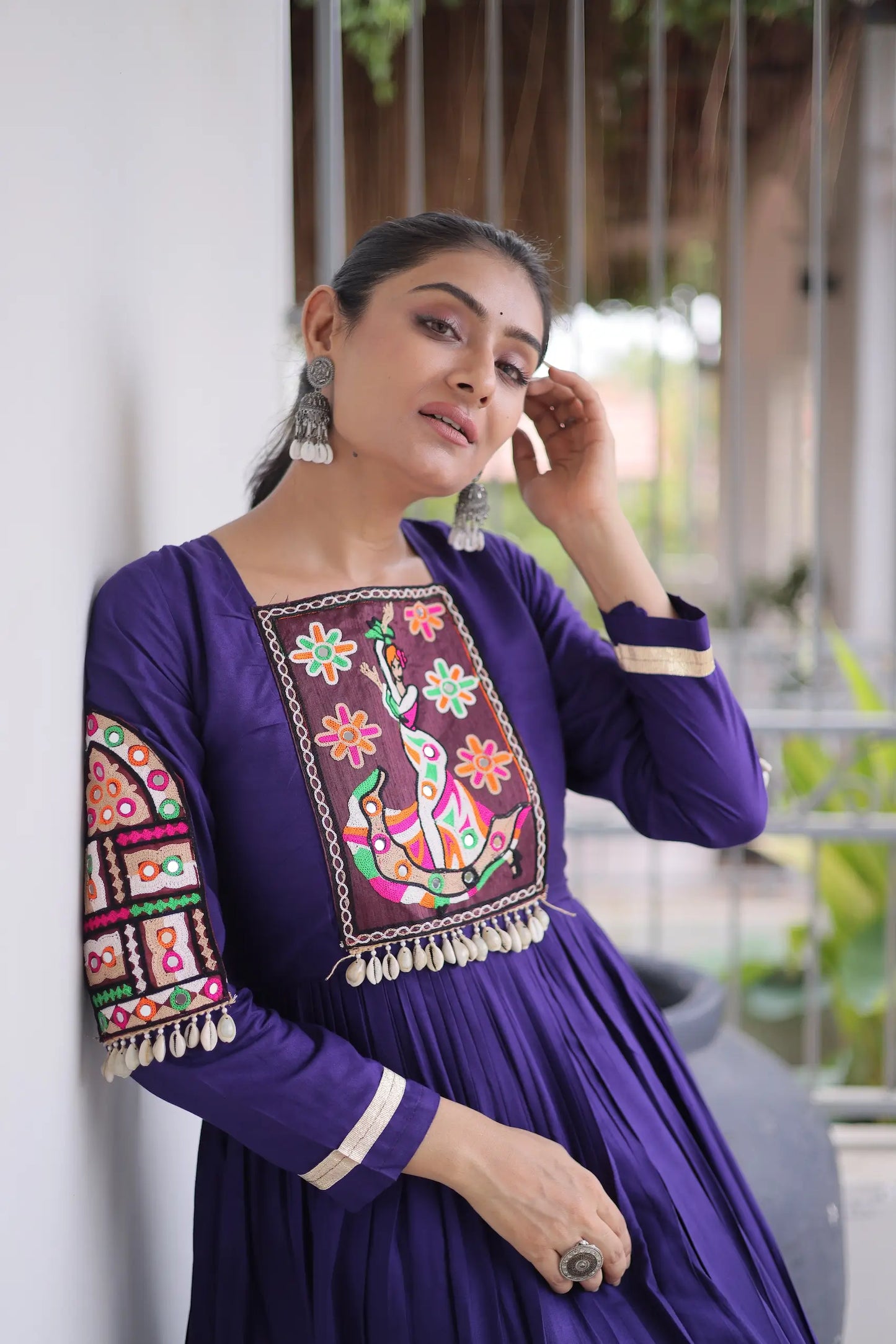 Purple Navratri Gown With Gamthi Patch Work